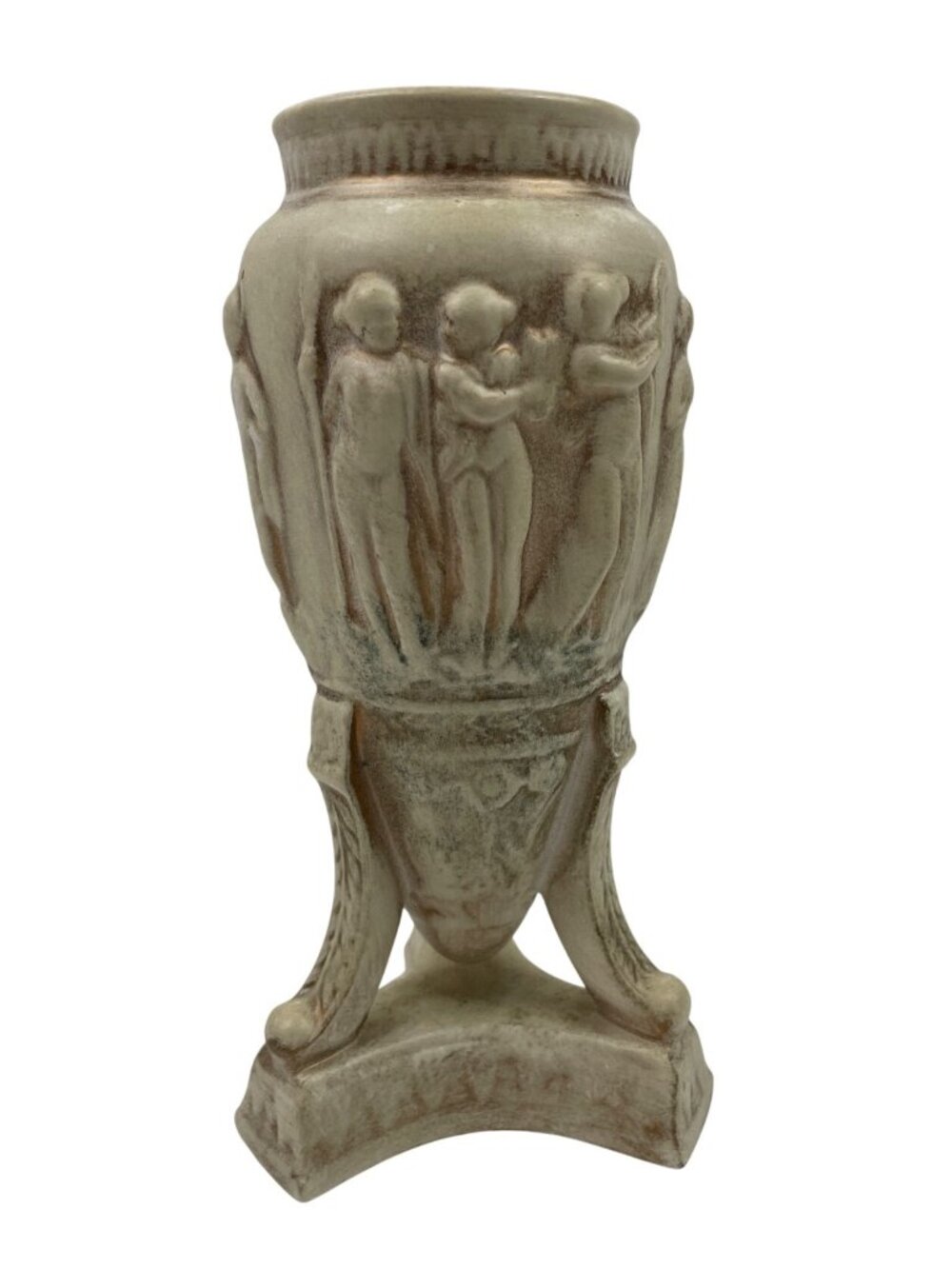 Neoclassical-Style Cream & Gold Pedestal Urn Sculptural Relief 8" Tall